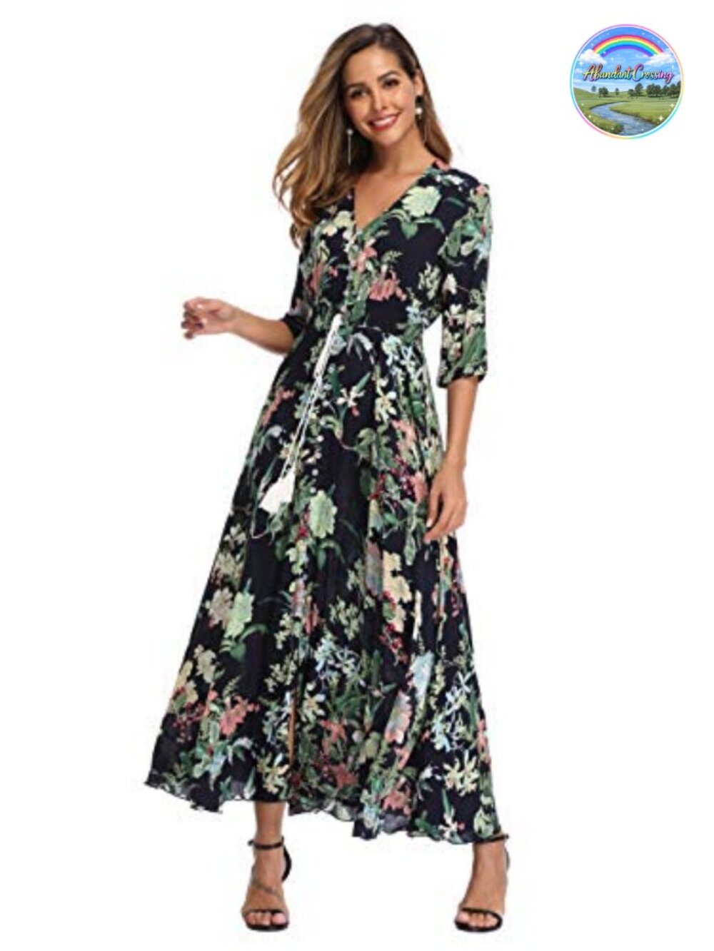 Women's Floral Maxi Dress V-Neck Half Sleeve Flowy Boho Beach